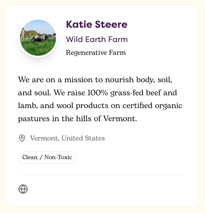 Example of profile card showing Wild Earth Farm practitioner information